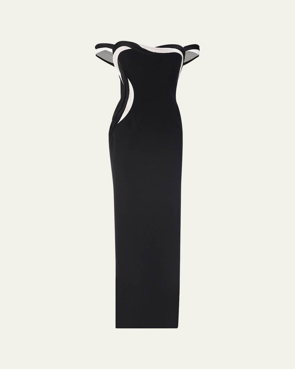 Orbital Interplay Off-Shoulder Column Gown
